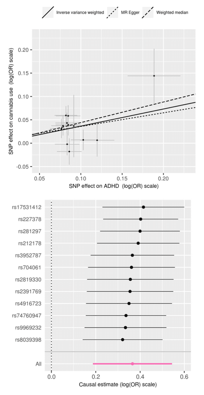 Figure 3. Sensitivity analyses for the causal effect estimate of ADHD on cannabis use with a P-value threshold of 5×10–8.