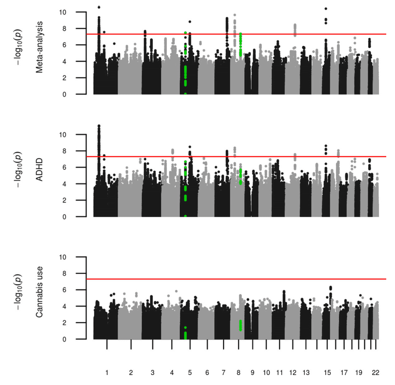 Figure 1. Manhattan plots for cannabis use, ADHD (PGC+iPSYCH restricted set) and the meta-analysis of both GWAS results (from bottom to top respectively).
